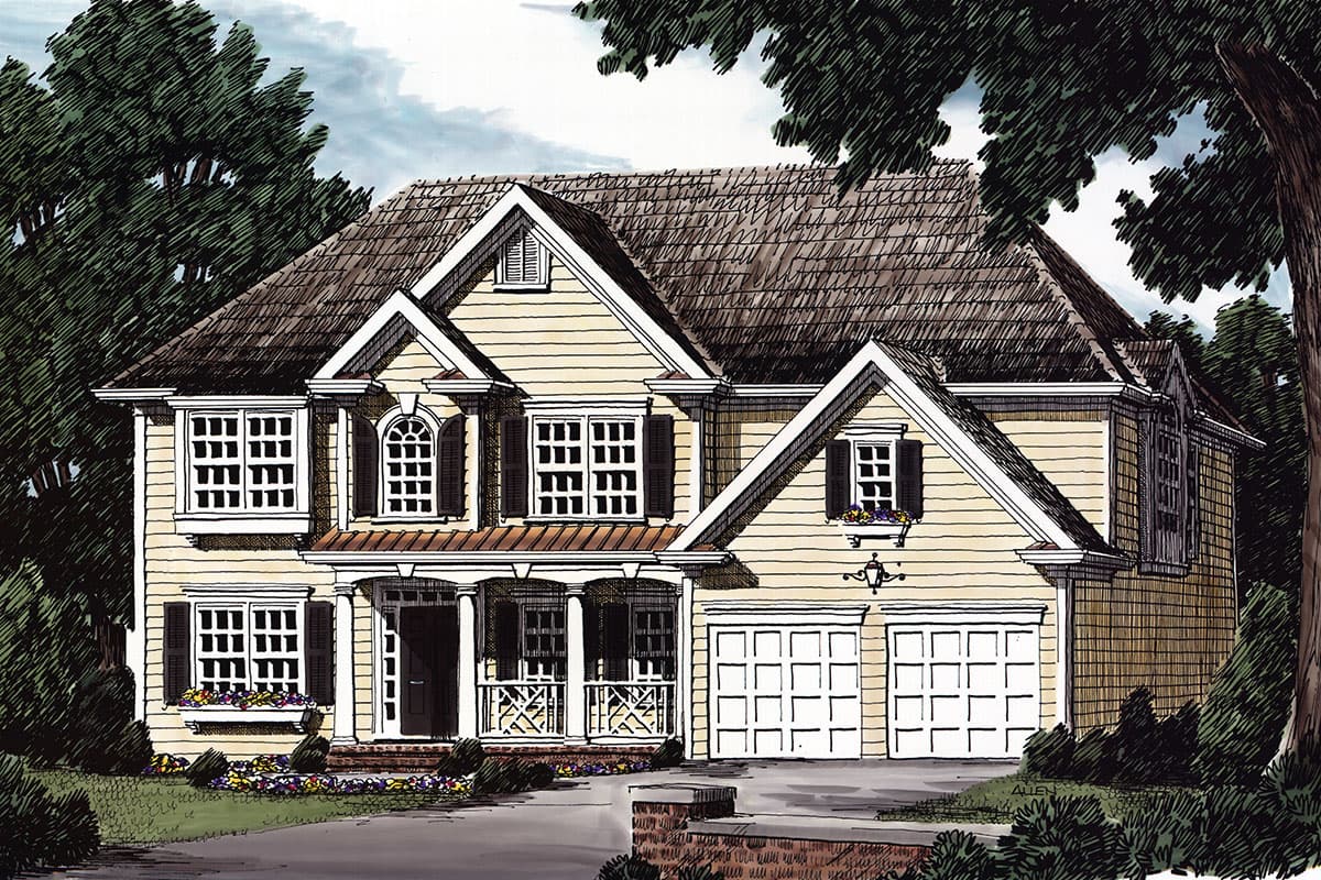 House plan exterior rendering. Two-story Colonial style home with gabled roof, two-car garage, and front porch with columns.