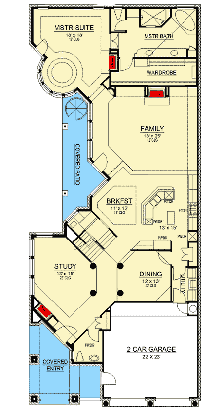 Plan 36571TX: Zero Lot Line Starter Mediterranean-style House Plan - Floor Plan - Main Level - European, Tuscan