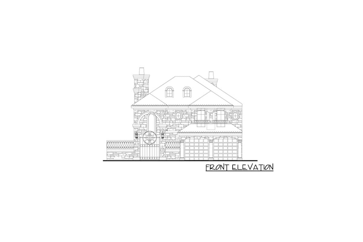 Front elevation drawing of a two-story house plan with stone facade, arched entryway, and double garage.