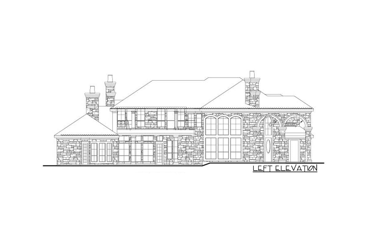 Left elevation drawing of a large house with stone facade, multiple gables, dormers, and arched entryway.