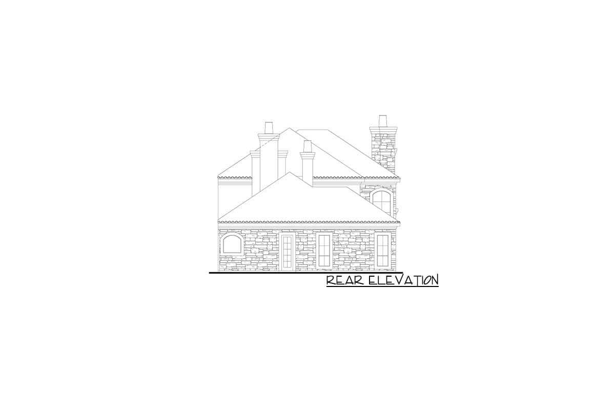 Rear elevation of a house plan featuring stone exterior, multiple gables, and chimneys.