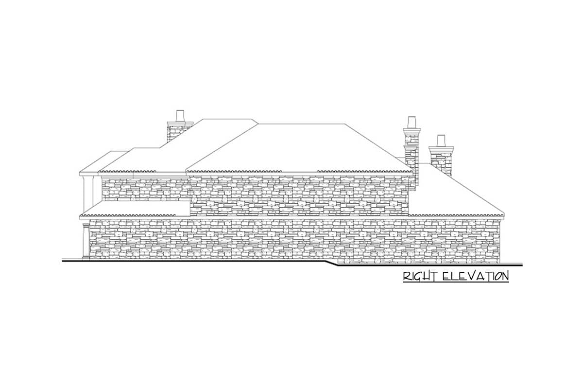Right elevation drawing of a house plan with stone exterior, multiple rooflines, and two brick chimneys.