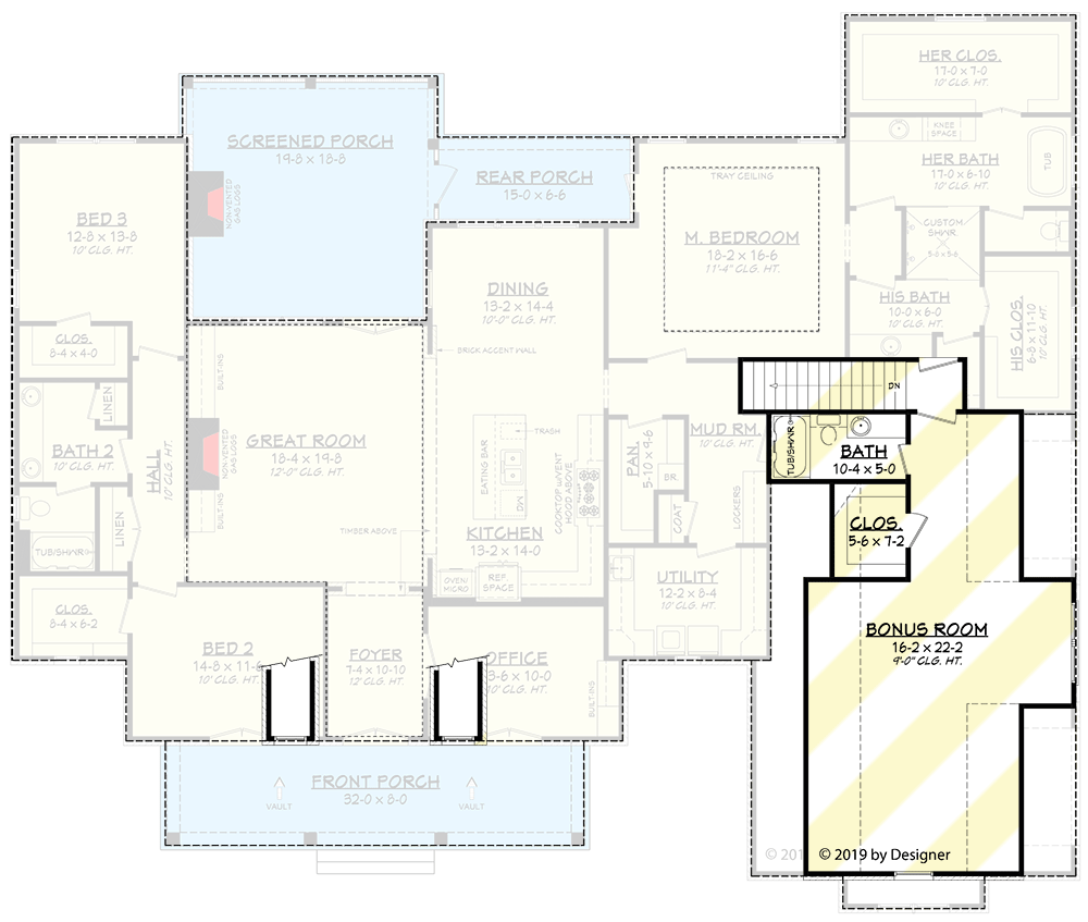 Plan 51802HZ: Charming Southern Home Plan with Optional Bonus Room - 2854 Sq Ft - Floor Plan - Optionally Finished Bonus - Acadian, Louisiana-Style, Southern