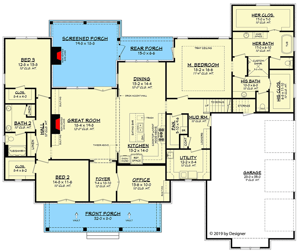 Plan 51802HZ: Charming Southern Home Plan with Optional Bonus Room - 2854 Sq Ft - Floor Plan - Main Level - Acadian, Louisiana-Style, Southern