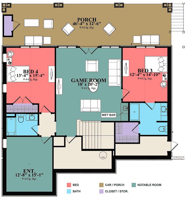 Plan 86328HH: 4-Bed Bungalow Plan with Double-Decker Back Porch - 3031 Sq Ft - Floor Plan - Lower Level - Bungalow, Cottage, Country, Craftsman, New American, Vacation