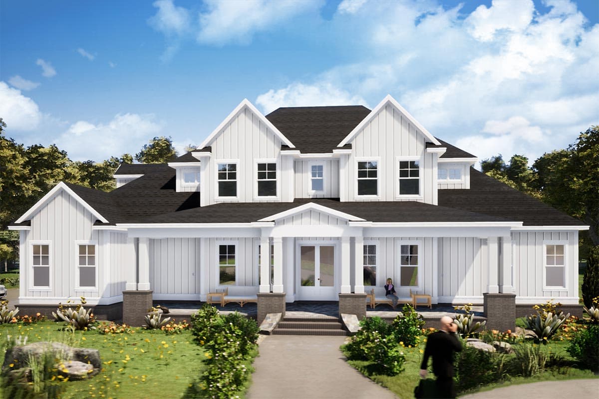 Modern Farmhouse house plan exterior with prominent gables, a covered front porch with columns, and board-and-batten siding.