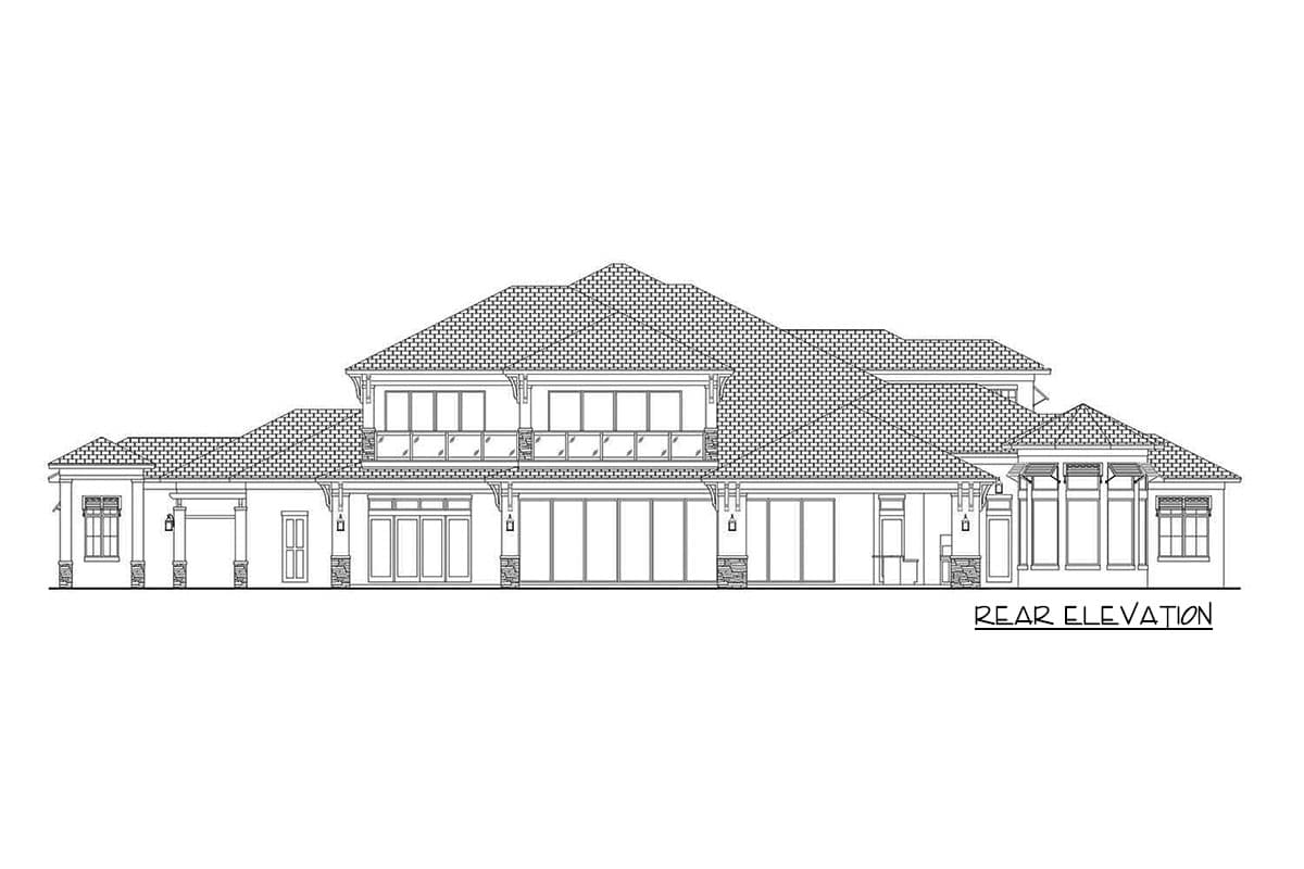Rear elevation house plan: Two-story home with multiple rooflines, large windows, and covered entryway.
