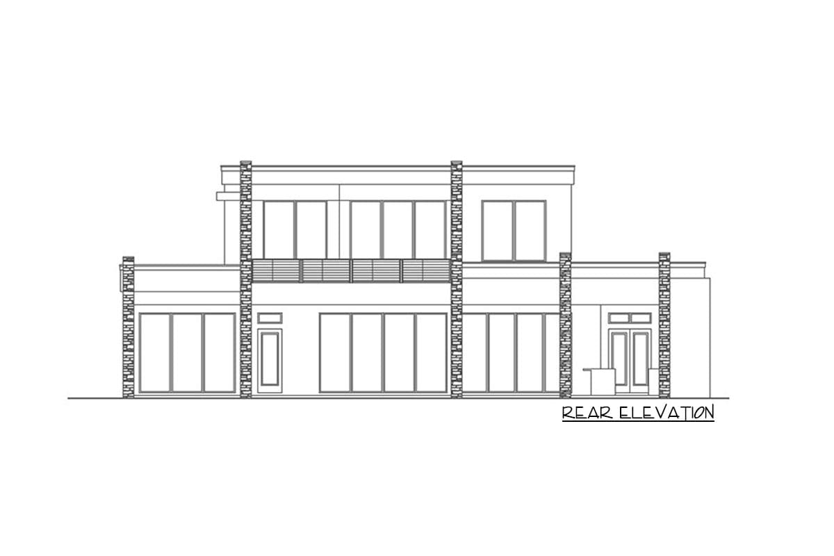 Rear elevation drawing of a two-story house with large windows, a balcony, and stone accents.
