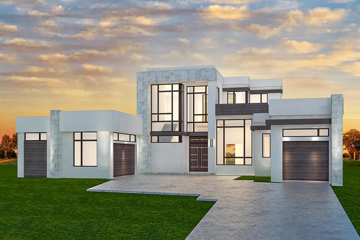 House plan exterior. Modern style, two-story home with flat roof, large windows, and attached garages. Features textured columns.