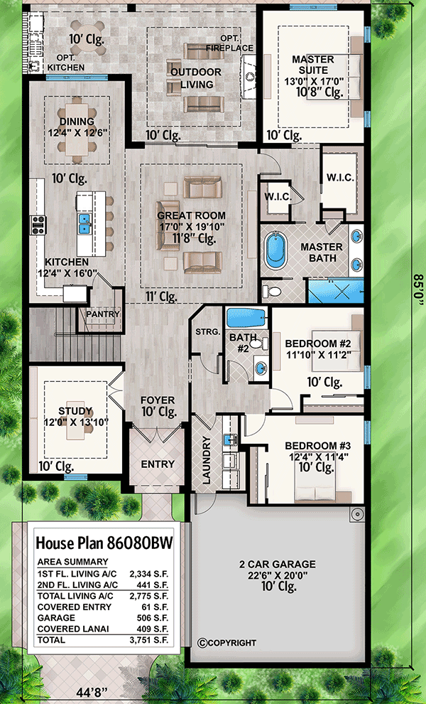 Plan 86080BW: Two-Story 3-Bed House Plan with Split Beds - Floor Plan - Main Level - Contemporary, Florida-Style, Southern