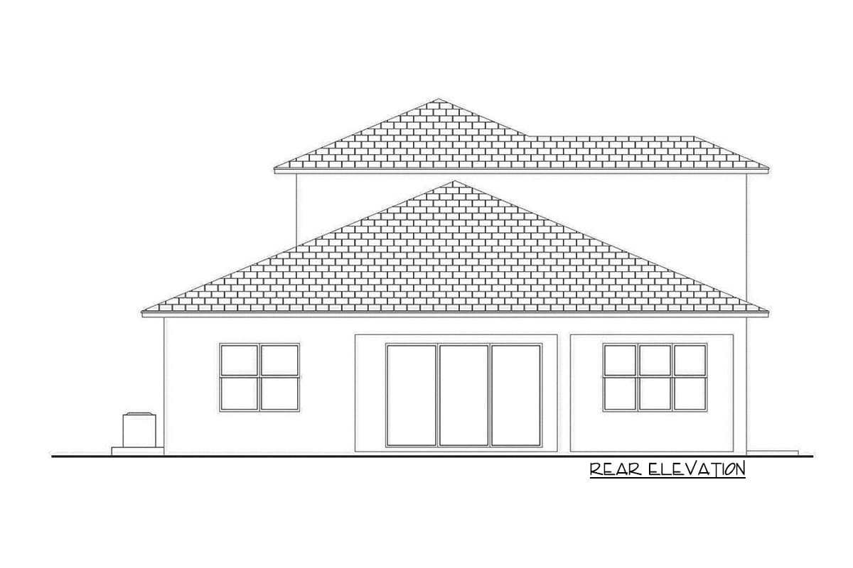 Rear elevation drawing of a two-story house with hip roofs, a central sliding glass door, and side windows.