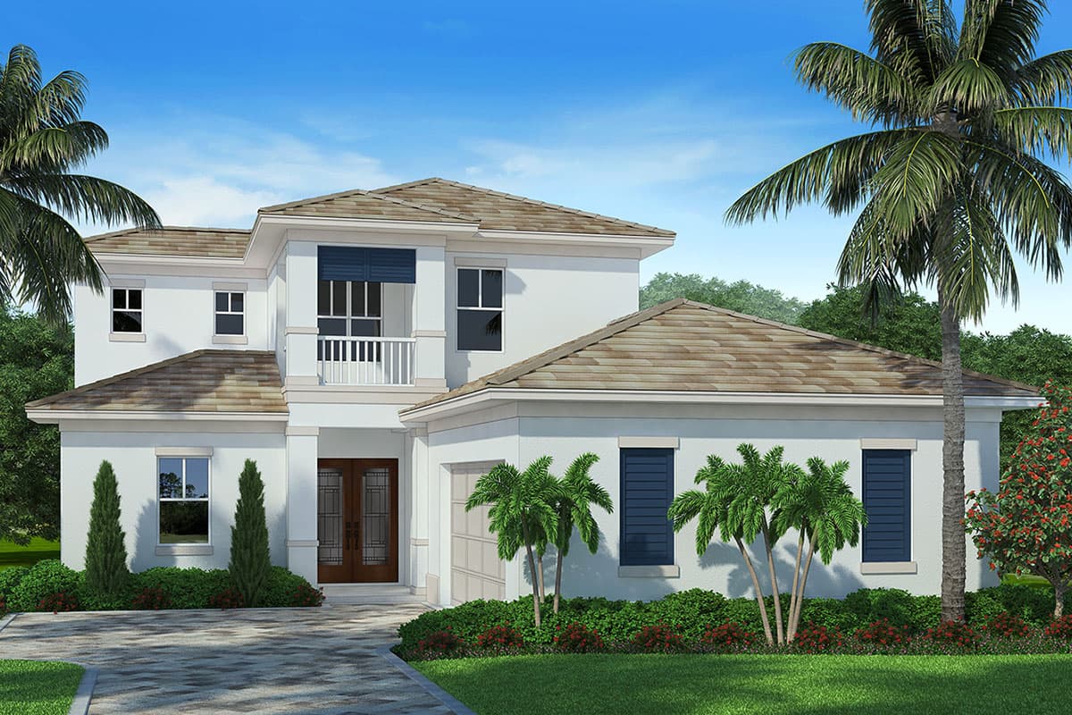 House plan exterior with two stories, a hipped roof, second-floor balcony, and attached garage. Exterior features blue shutters.