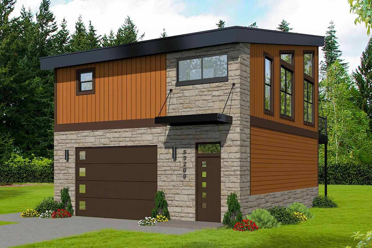House plan exterior. Two-story, Modern style with flat roof. Features include stone veneer, brown siding, and large windows. Attached garage.