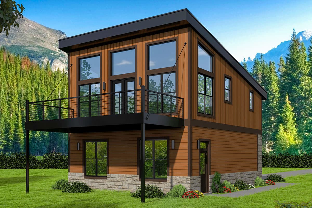 Modern two-story house plan exterior with horizontal wood siding, stone foundation, second-floor balcony, and large windows.