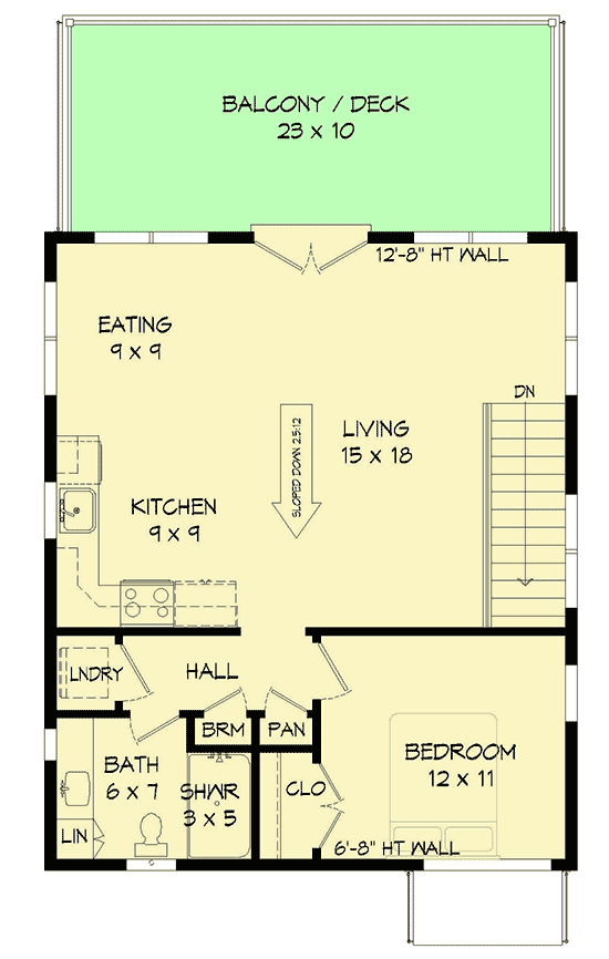 Plan 68591VR: 825 Square Foot Contemporary House Plan with Balcony - Floor Plan - 2nd Floor - Carriage, Contemporary, Mid Century Modern, Modern
