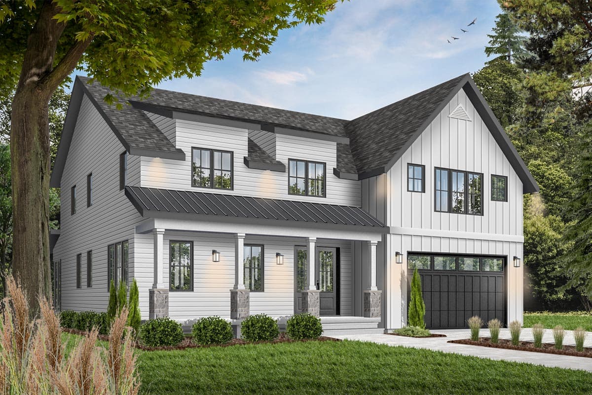 Modern Farmhouse house plan exterior, two stories, with a covered front porch, gable dormers, and an attached garage.