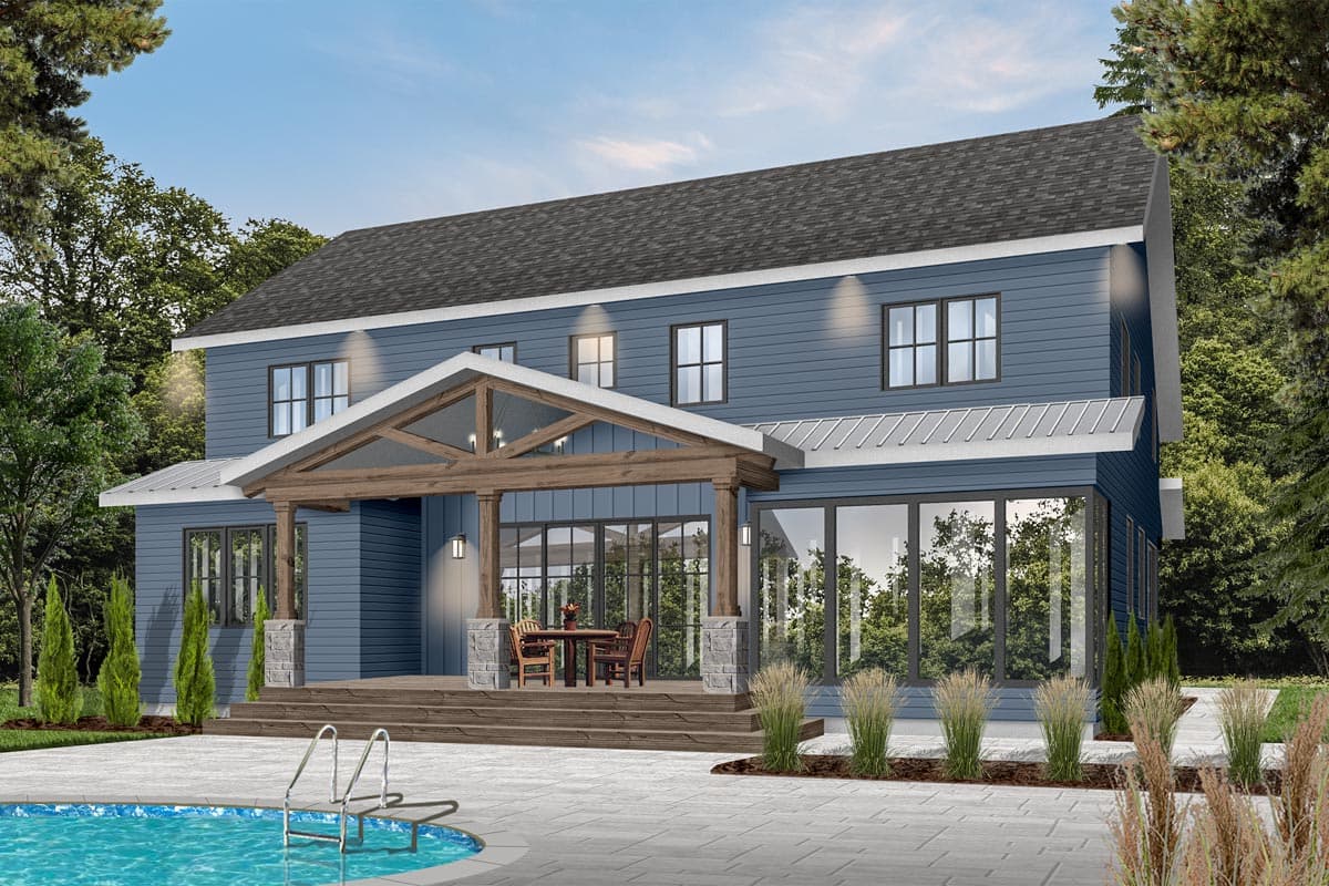 Two-story Modern Farmhouse exterior with a large covered porch featuring exposed wooden beams and stone-clad columns.