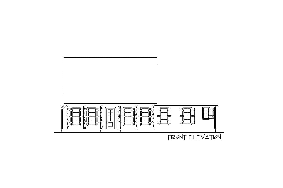 Front elevation drawing of a one-story house plan with a covered porch, multiple windows, and a central entrance.