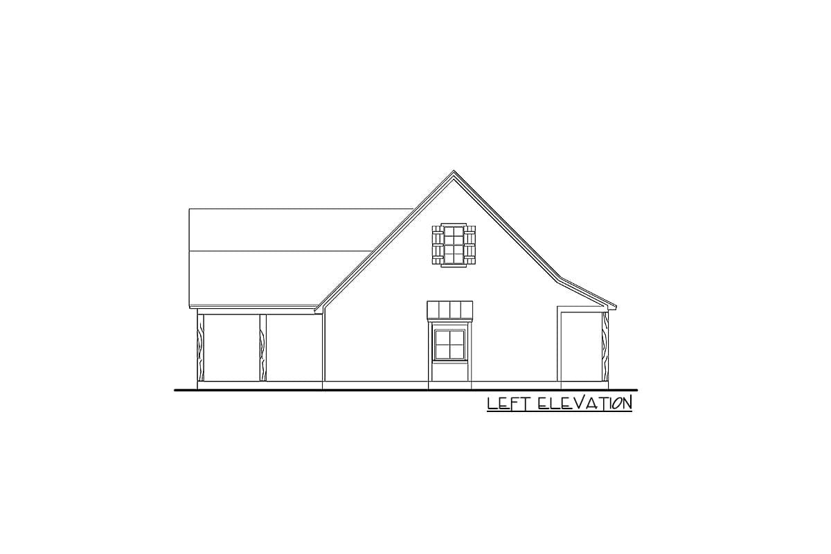 Left elevation house plan with a prominent gable, a central window, and dormer window.
