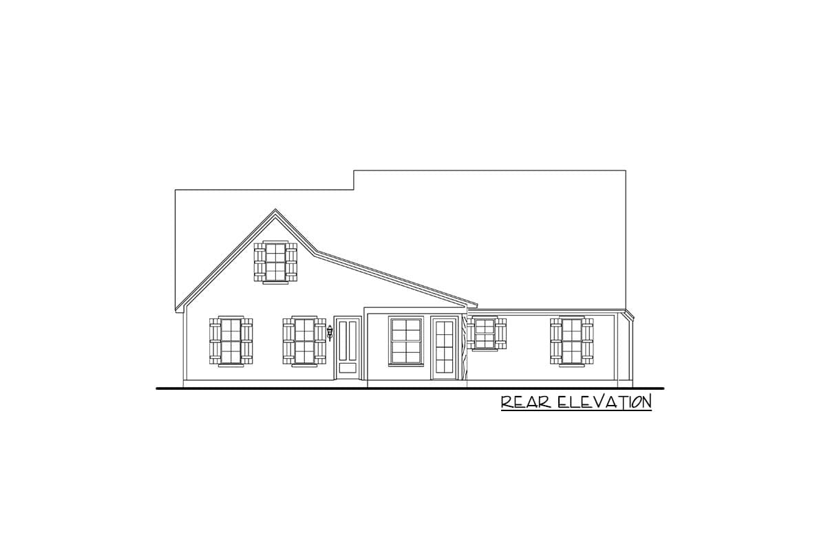 Rear elevation drawing of a one-and-a-half-story house with a prominent gabled dormer, a centered door, and multiple windows.