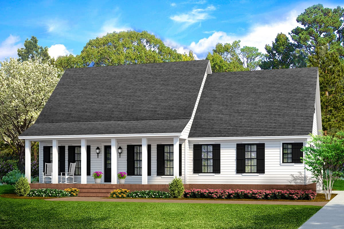 House plan exterior. Ranch style with a front porch, gabled roof, and black shutters. Single-story with symmetrical facade.
