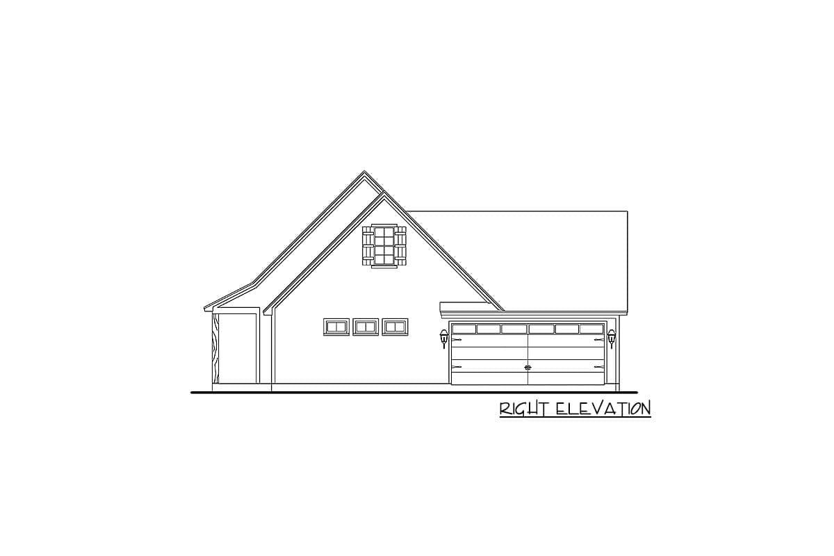 Right elevation house plan drawing featuring a gabled roof, triple windows, dormer window with shutters, and a two-car garage.