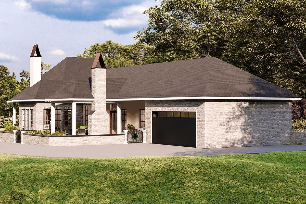 House plan exterior: One-story residence with stone facade, gable roof, two chimneys, covered porch, and attached garage.
