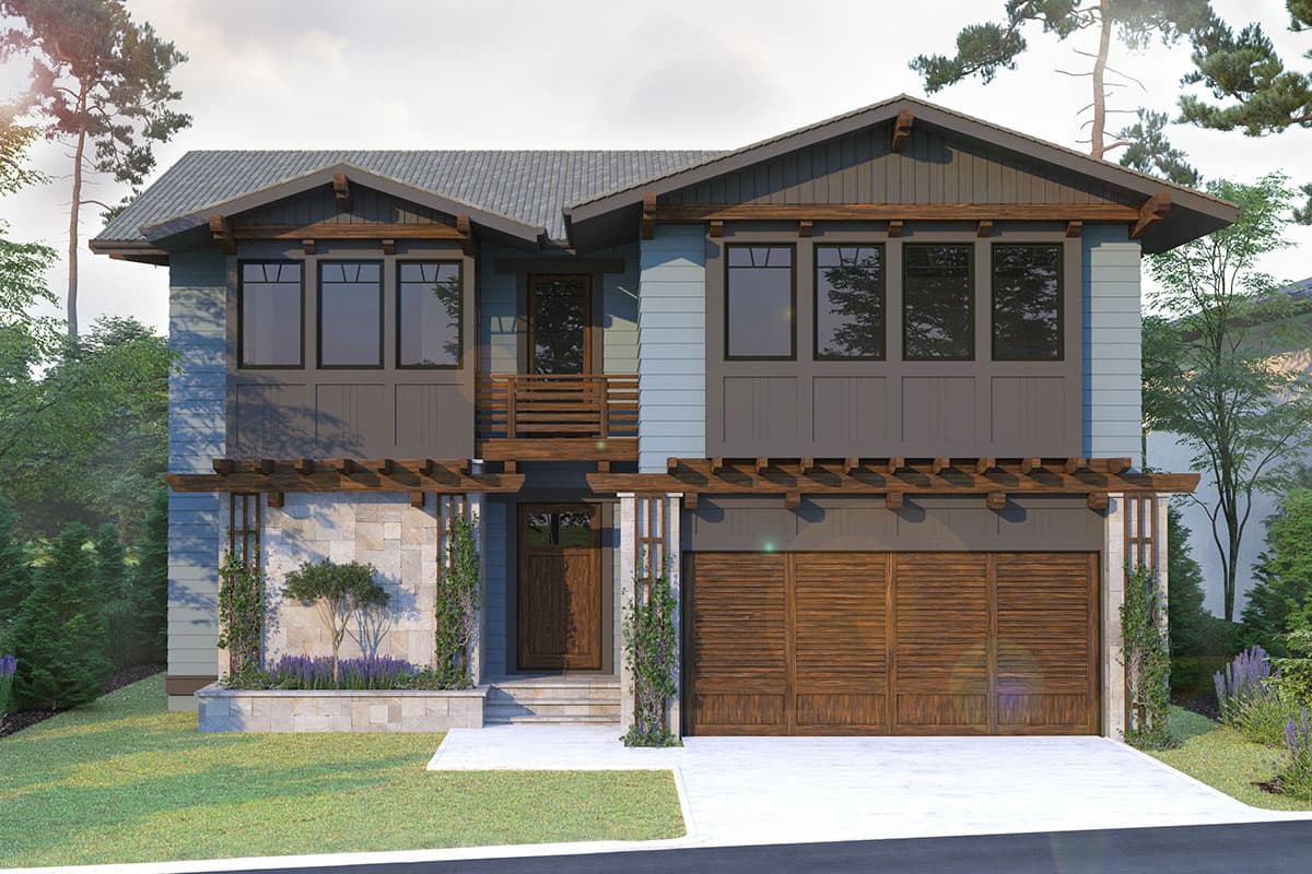 House plan exterior. Two-story Craftsman home with a pergola, multi-pane windows, and a front-facing, two-car garage with a wood door.