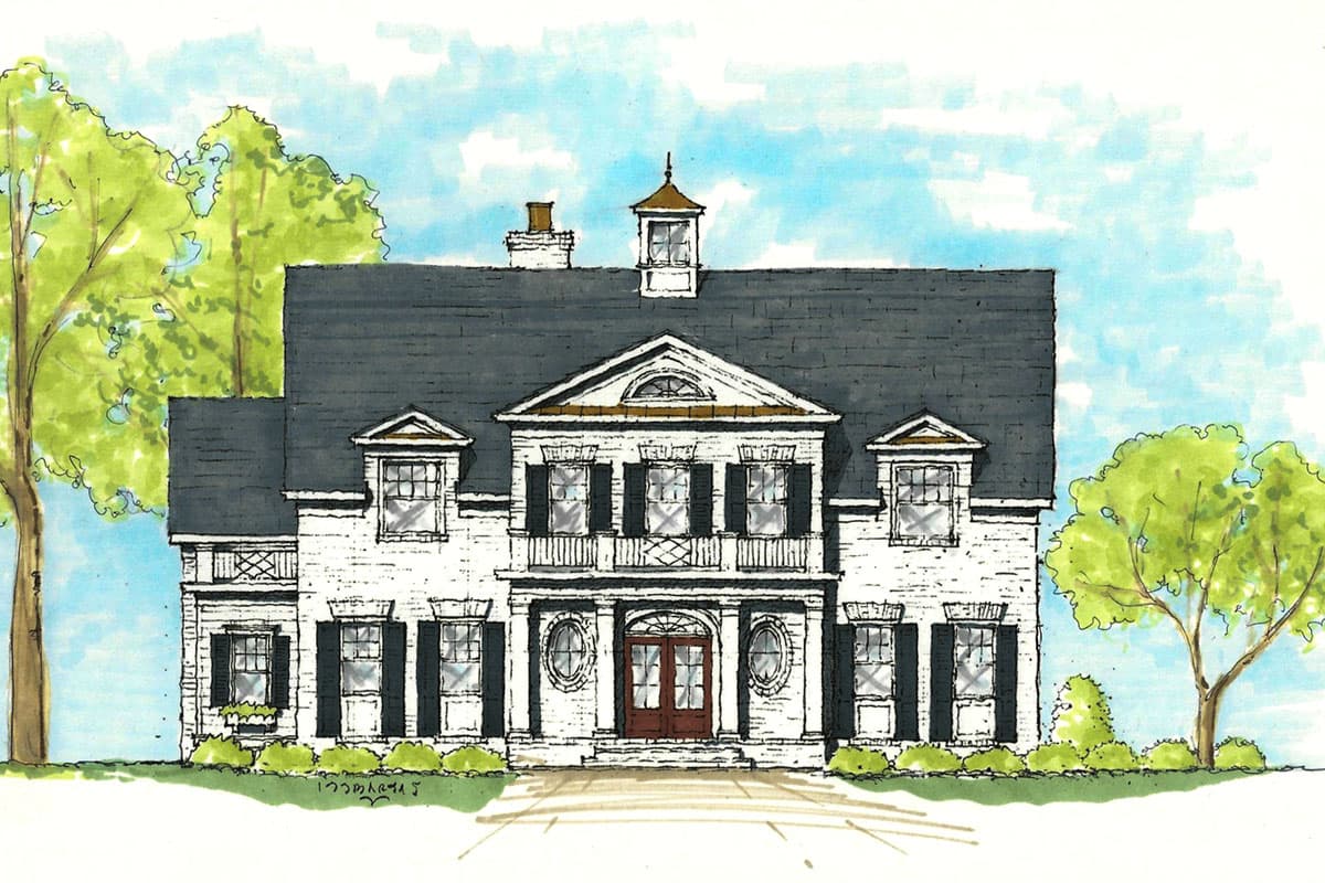 House plan exterior, two-story colonial style. Features include dormers, a portico, and black shutters on multiple windows.