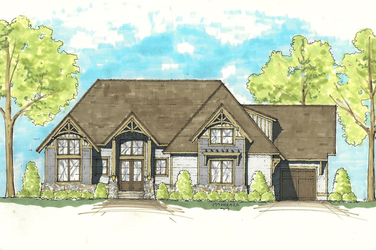 House plan exterior. Craftsman style, single-story home with gables, dormers, and a detached garage. Features multiple windows and a covered entrance.