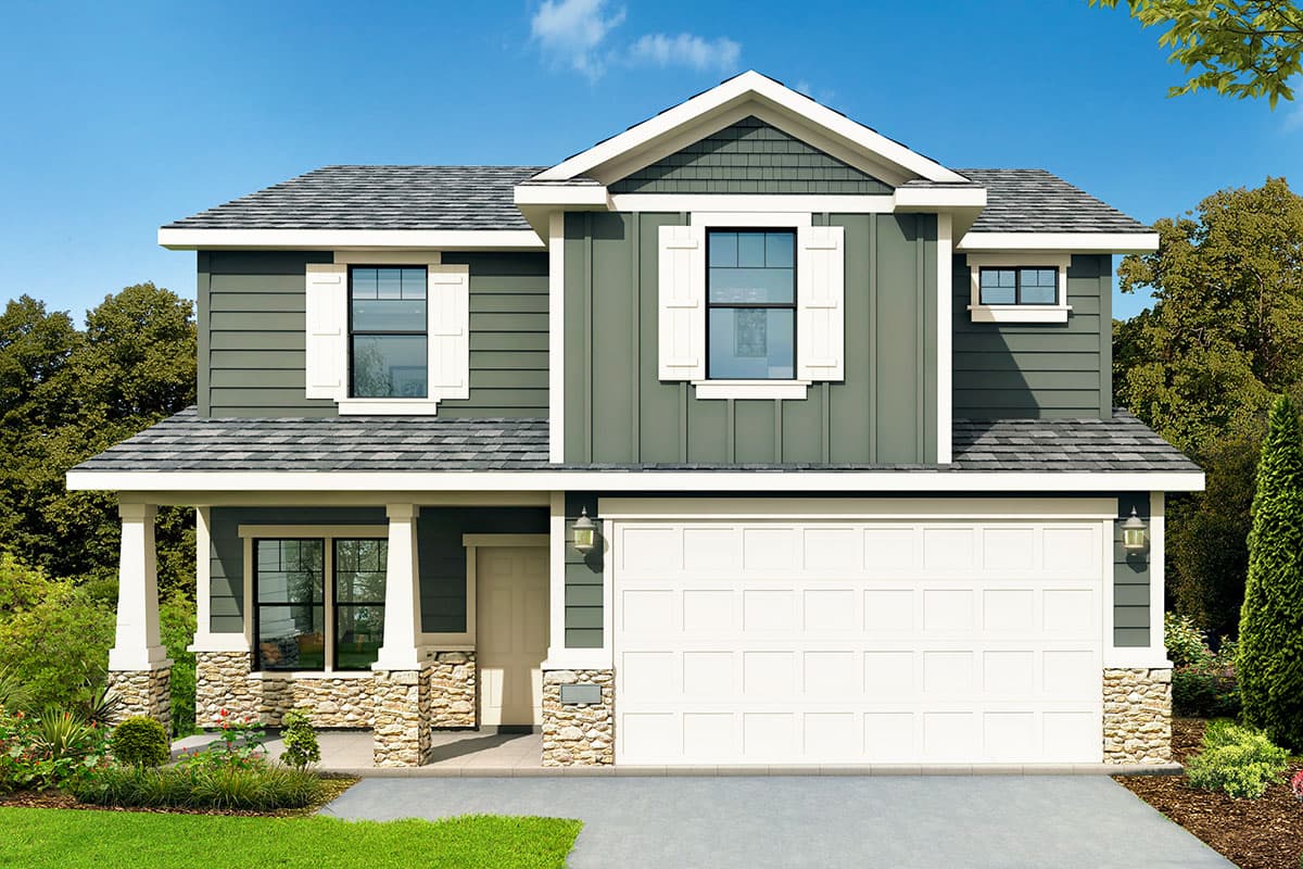 House plan exterior. Two-story Modern Farmhouse with gables, stone-clad columns, horizontal siding, and an attached two-car garage.