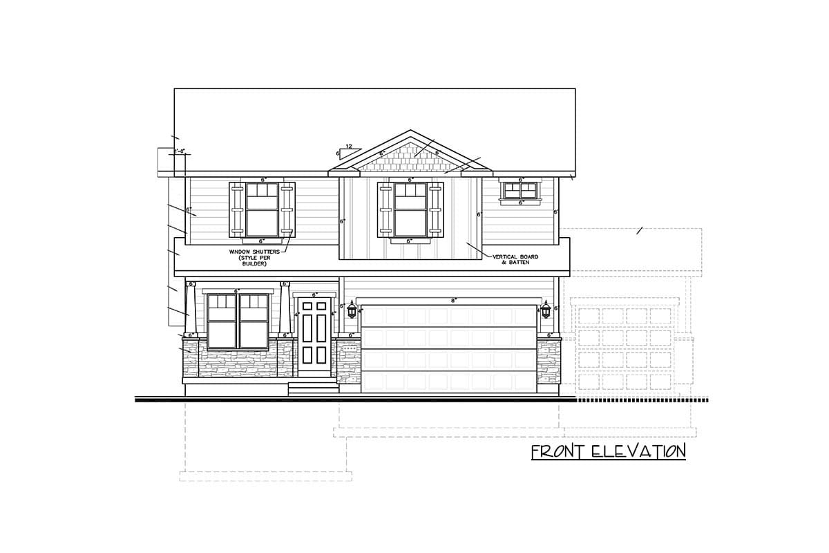 Front elevation house plan with two stories, gable roof, shutters, stone base, and two-car garage.