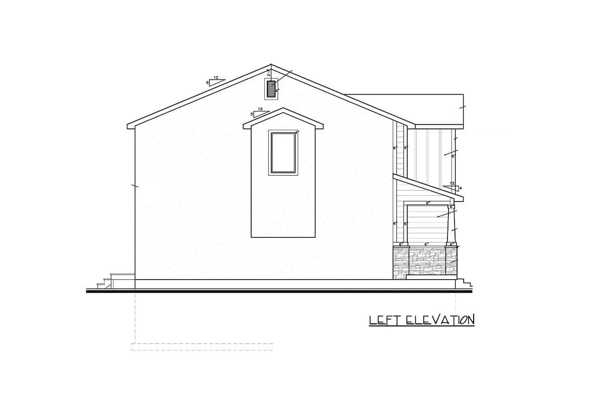 Left elevation house plan drawing shows a two-story structure with a dormer, gable roof, and a covered porch with stone-clad posts.