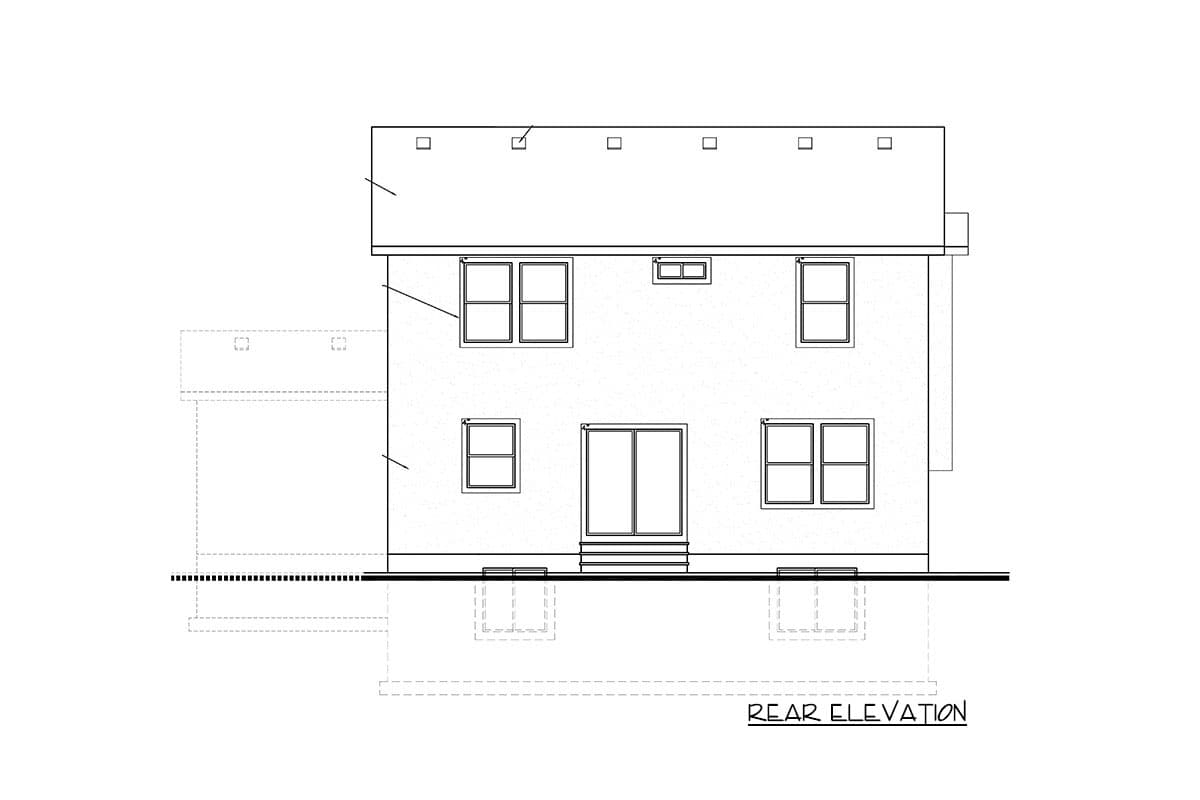 Rear elevation drawing of a two-story house plan with double doors, multiple windows, and a hip roof.