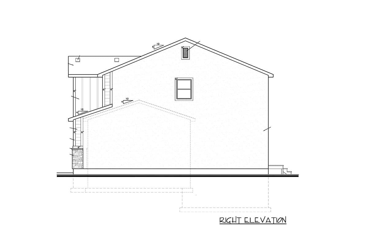 Right elevation of a house plan showing a covered porch, gabled roof, and a single window.