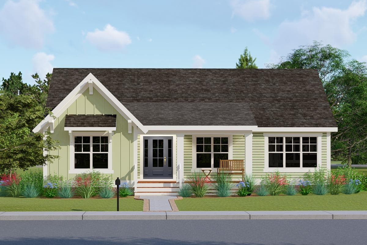 House plan exterior: Craftsman style, single-story, with a prominent front gable, wide eaves, and a covered front entry.