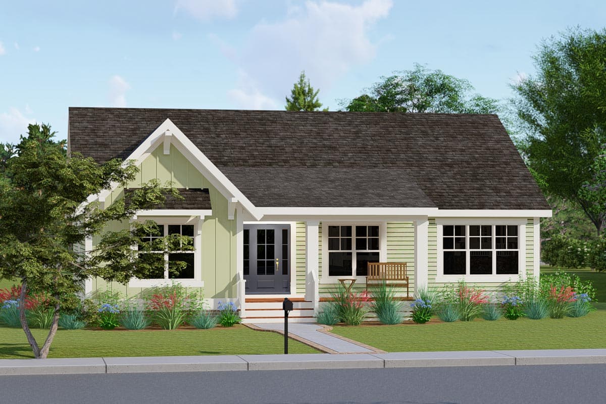House plan exterior: Single-story Modern Farmhouse with a prominent gable, covered front porch with white columns, and light green siding.