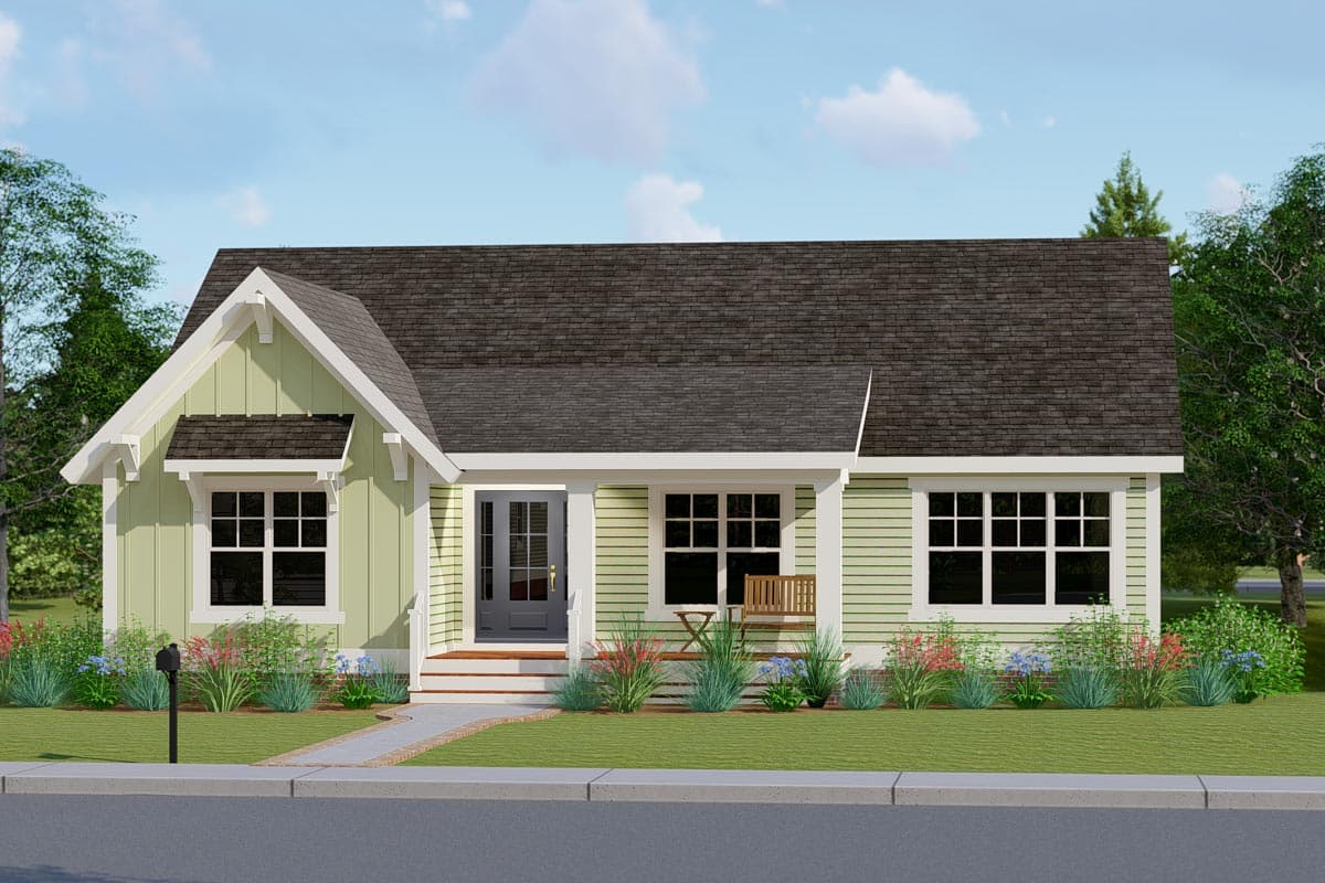 House plan exterior featuring a Craftsman style, single story, with gables, a covered porch, and a dark shingle roof.