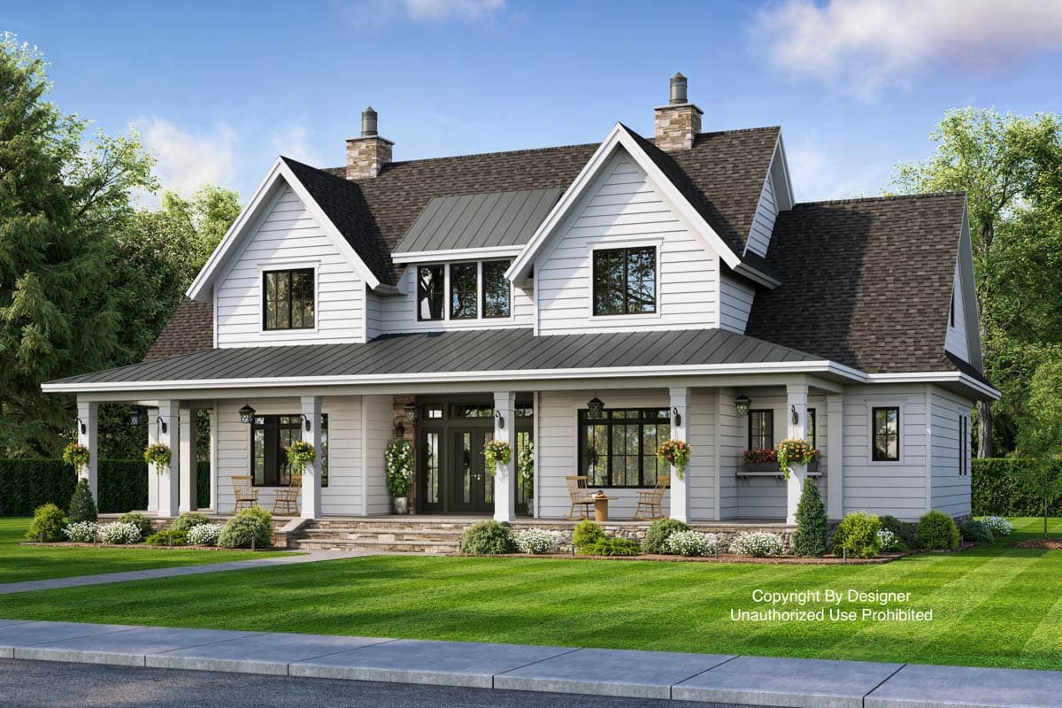 Modern Farmhouse house plan exterior with wrap-around porch, gables, stone chimney, and metal roof.