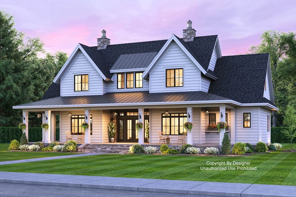 House plan exterior. Two-story Modern Farmhouse with a large front porch, multiple gables, and chimney stacks on the roof.