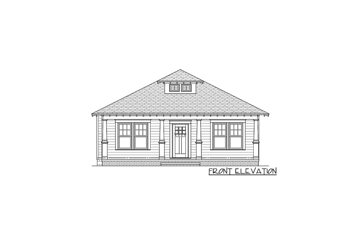 Front elevation drawing of a one-story house plan with a gable roof, dormer, and covered entry with columns.