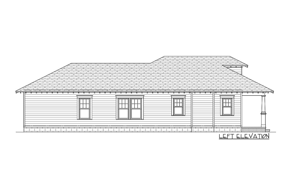 Floor plan drawing, left elevation view of a single-story house with horizontal siding, multiple windows, and a covered porch.