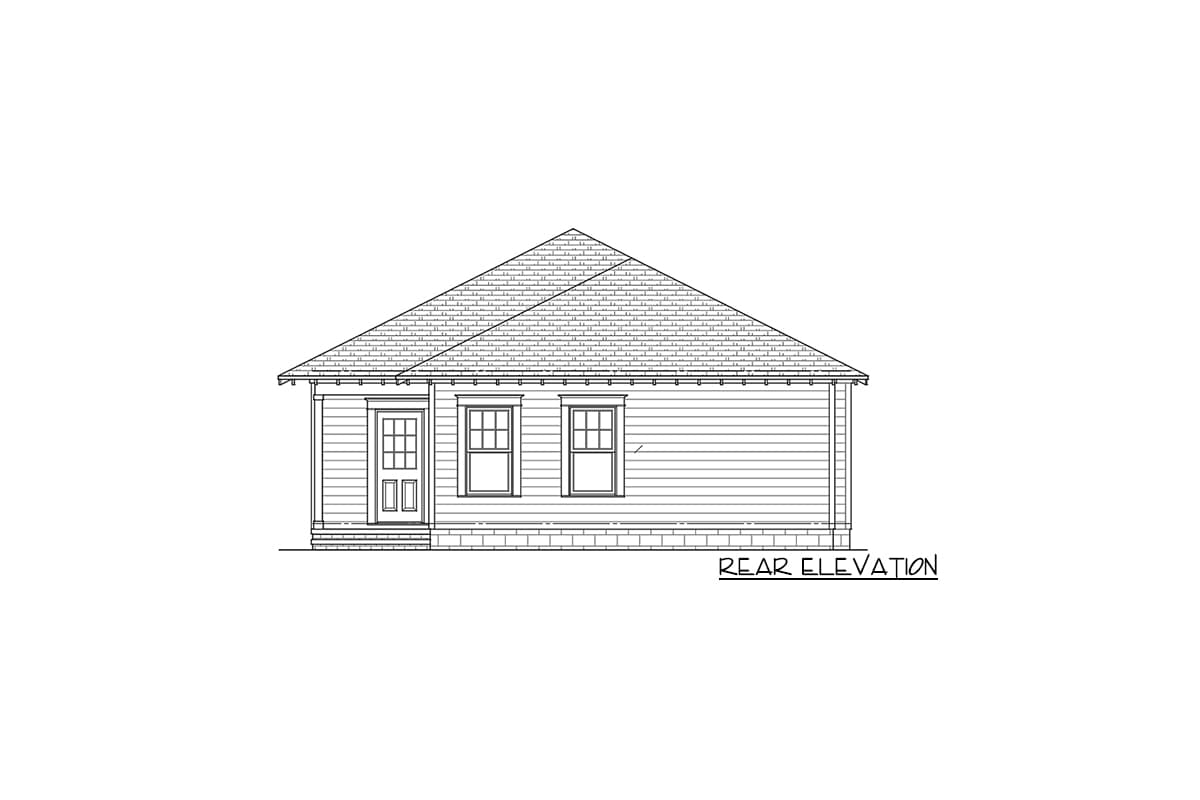 Rear elevation drawing of a single-story house with a gable roof, two windows, and a paneled door.