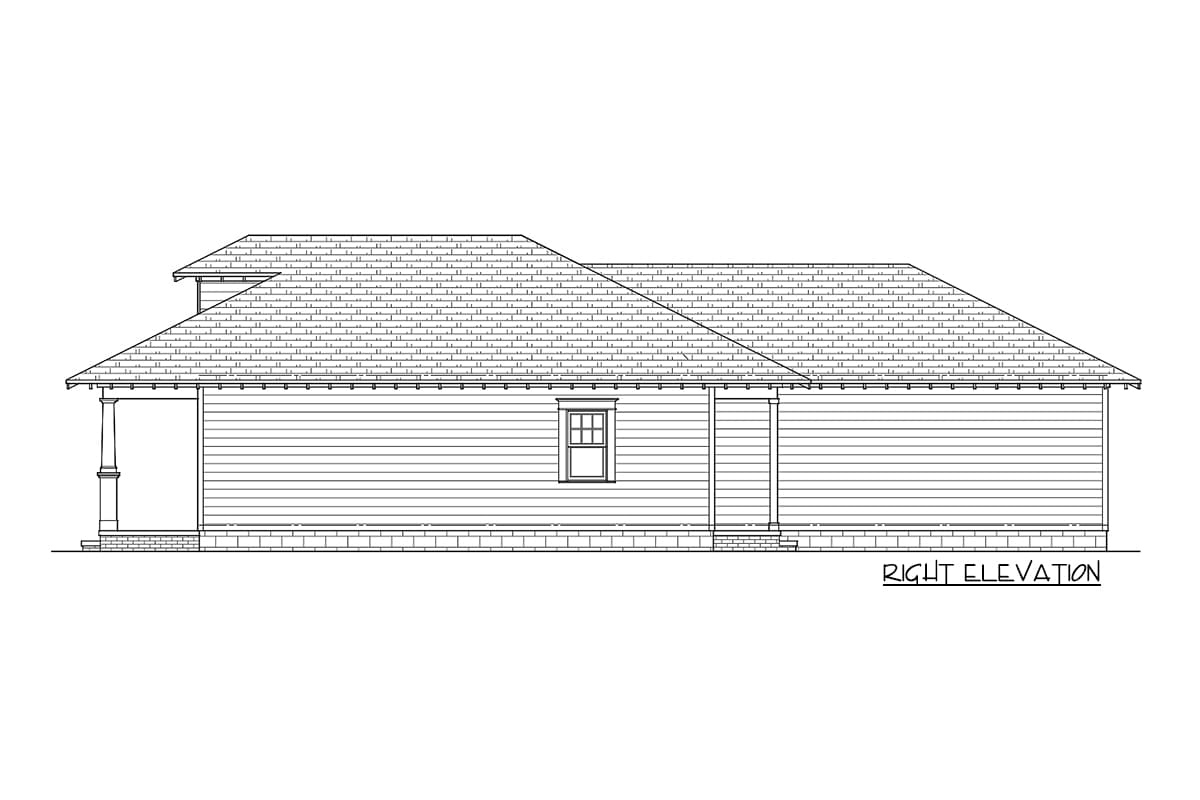 House plan right elevation showing a single-story home with a gabled roof, porch column, and horizontal siding.