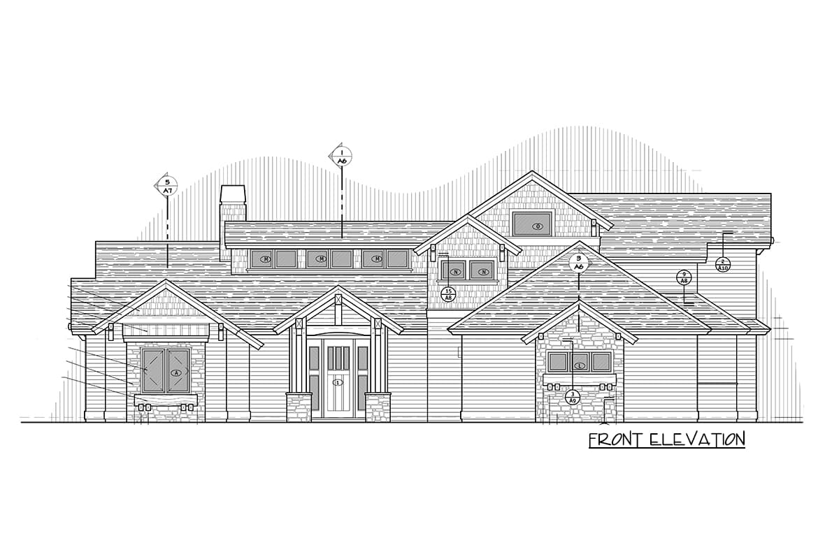 Front elevation house plan drawing with stone accents, multiple gables, dormers, and a covered entry.
