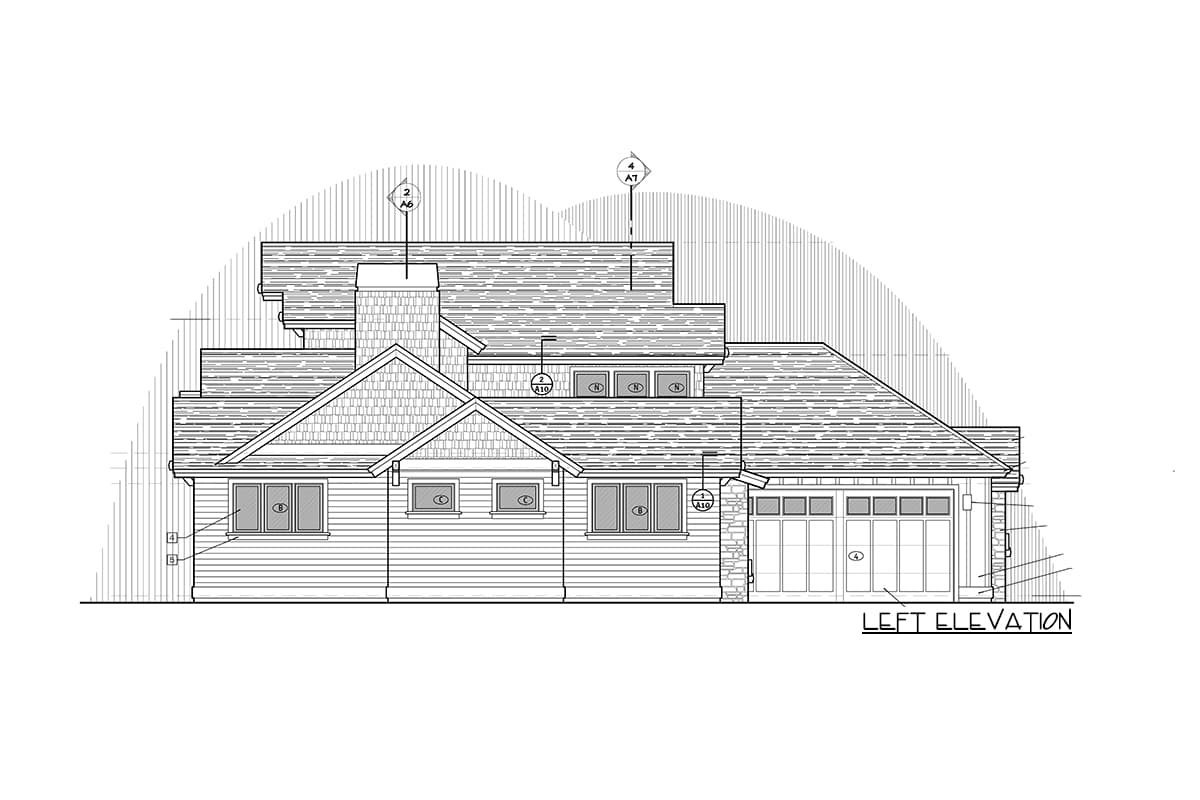 Left elevation house plan showing multi-level rooflines, gabled dormers, a stone-clad garage, and shingled chimney.