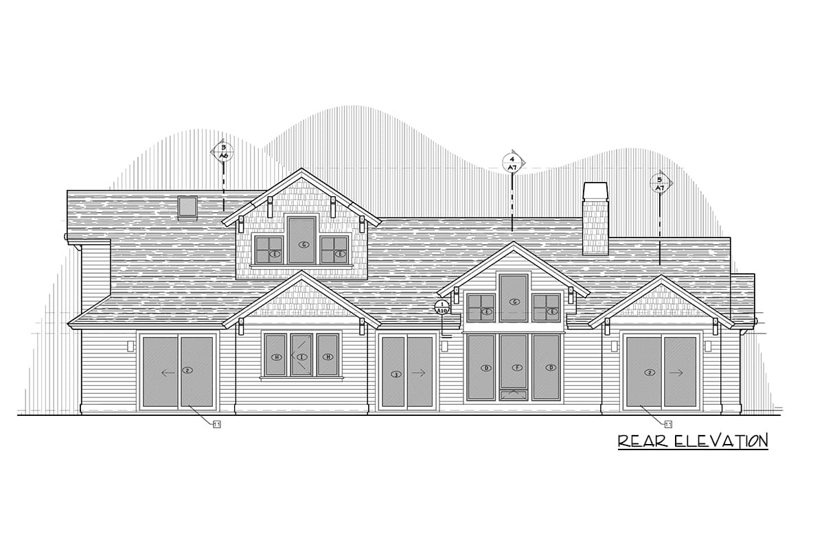 Rear elevation house plan with multiple gables, dormers, sliding doors, and a chimney.