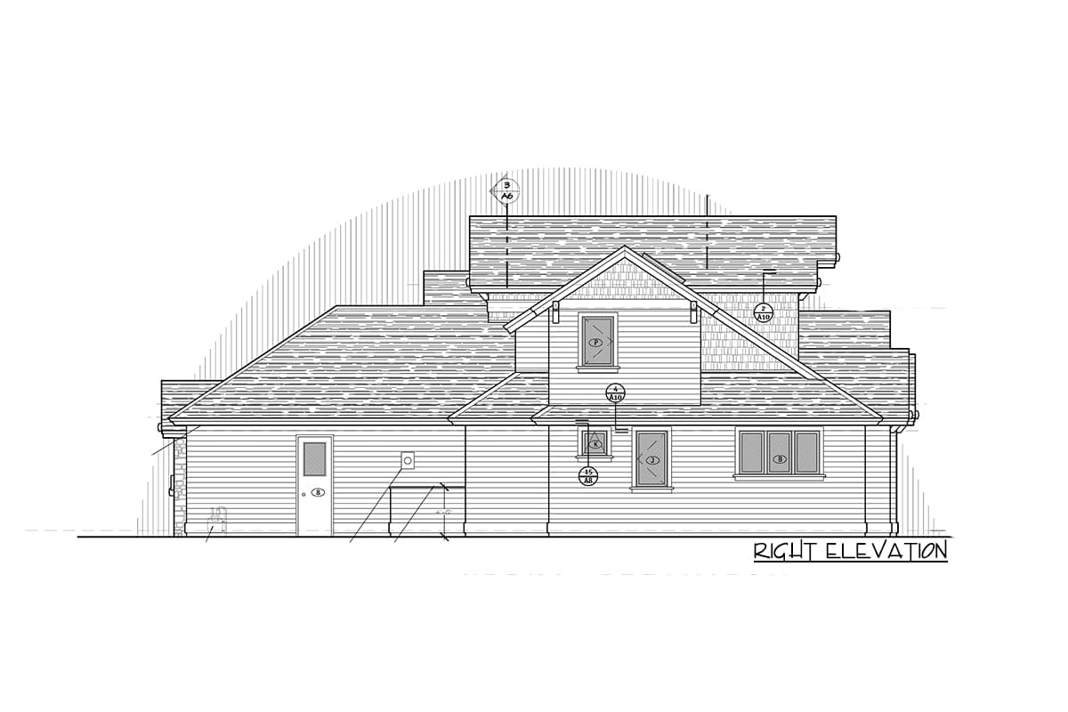 Right elevation house plan showing a multi-level structure with varied rooflines, clapboard siding, and gabled dormers.
