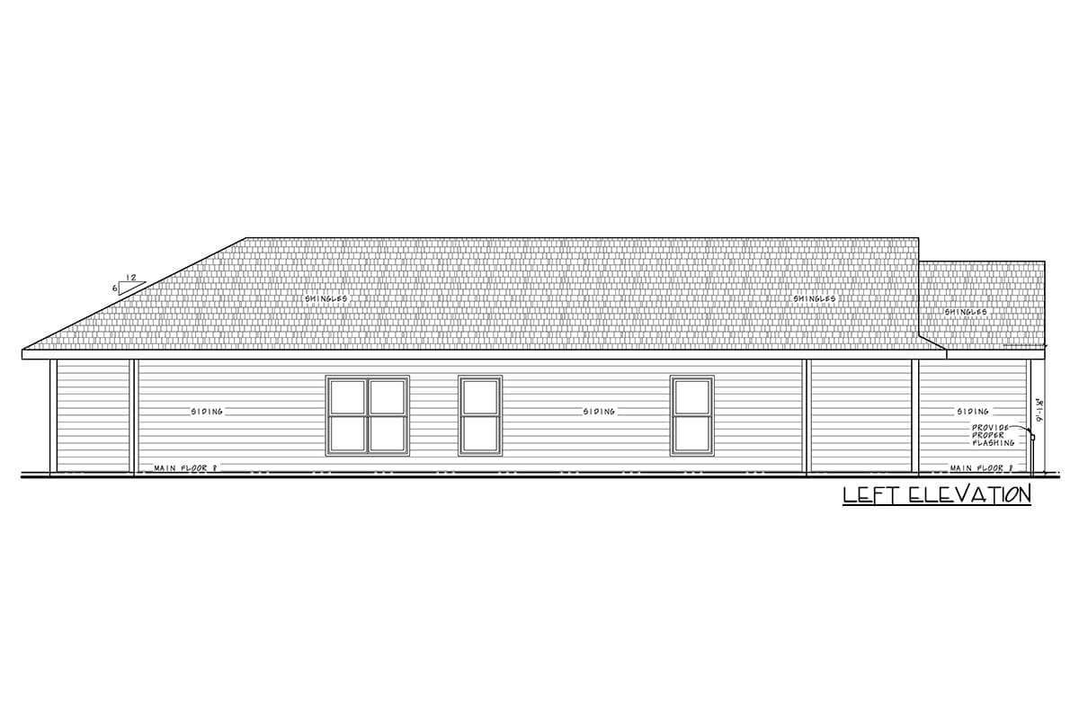 Left elevation house plan showing siding, multiple windows, and a shingled roof with varying pitches.