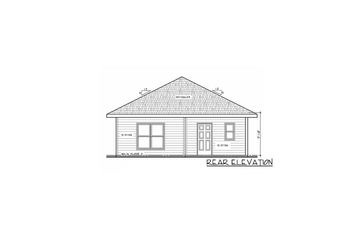 Rear elevation drawing of a one-story house with siding, a pitched roof with shingles, one door, and two windows.